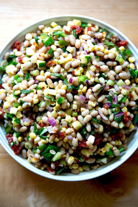 Simple White Bean Salad | Alexandra's Kitchen Alexandra Cooks, Summer Bean Salad, Make Ahead Salads, White Bean Salad, Stuffed Poblano Peppers, White Bean, Fresh Corn, Bean Salad, Dried Tomatoes