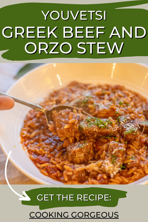 a classic Greek stew, made with tender beef or lamb and orzo pasta, and is cooked in a rich tomato sauce infused with spices. Youvetsi Recipe, Lamb And Orzo, Beef And Orzo, Best Sunday Dinner Recipes, Greek Beef Stew, Recipes For Cold Weather, Greek Beef, Greek Homes, Lamb Casserole