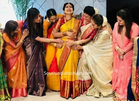 Seemantham Photoshoot, Seemantham Saree, Seemantham Photos, Seemantham Saree Ideas, Baby Shower Poses, Indian Maternity Photos, Shower Poses, Baby Shower Pics, Sneha Prasanna