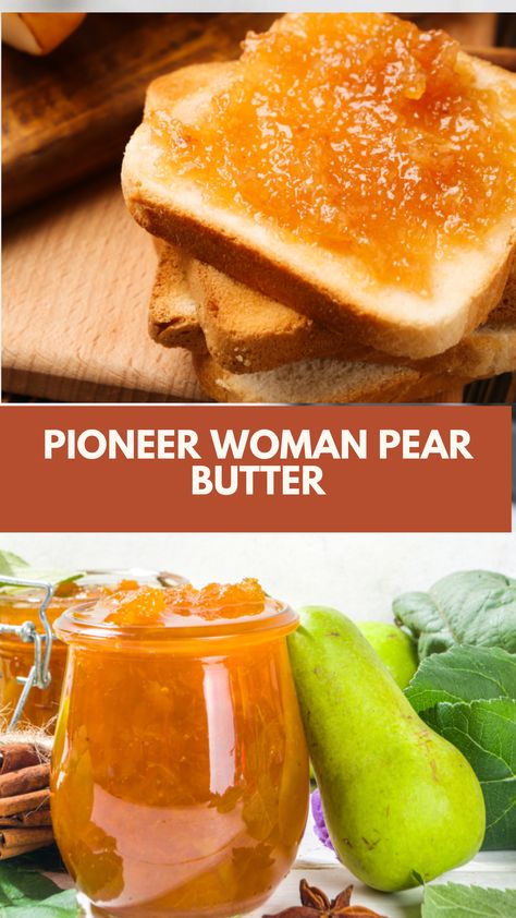 Pioneer Woman Pear Butter is made with ripe pears, honey, lemon juice, and spices like cinnamon, ginger, and nutmeg. It takes around 50 minutes to cook and yields a delicious spread perfect for breakfast or snacks. This simple recipe serves many and promises a flavorful homemade treat. Pear Butter Instant Pot, Recipes With Pears Simple, Ripe Pears Recipes, Canned Pears Recipes Ideas, What To Do With Over Ripe Pears, What To Do With Canned Pears, Things To Do With Pears, Ripe Pear Recipes, Canned Pears Recipes