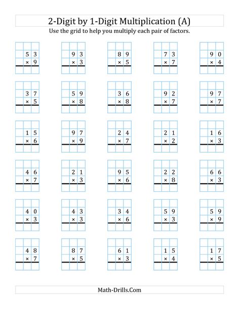 The 2-Digit by 1-Digit Multiplication with Grid Support (A) math worksheet from the Long Multiplication Worksheet page at Math-Drills.com. Box Method Multiplication, 4th Grade Multiplication Worksheets, Multiplication Drills, Two Digit Multiplication, Double Digit Multiplication, Free Multiplication Worksheets, Top Template, Printable Multiplication Worksheets, Math Multiplication Worksheets