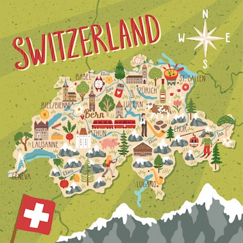 Map Of Switzerland, Switzerland Art, Switzerland Cities, Travel Infographic, Illustrated Maps, Map Pictures, Map Illustration, Europe Map, Voyage Europe