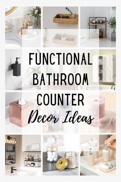 collage of various bathroom counter decor ideas, functional bathroom counter decor ideas Functional Bathroom Counter Decor, Farmhouse Bathroom Counter Organization, Organize Bathroom Countertop Master Bath, Long Bathroom Counter Decor Master Bath, Minimal Bathroom Counter Organization, Counter Top Bathroom Storage, Double Vanity Bathroom Counter Decor, Soap In Bathroom, Hand Towels On Bathroom Counter