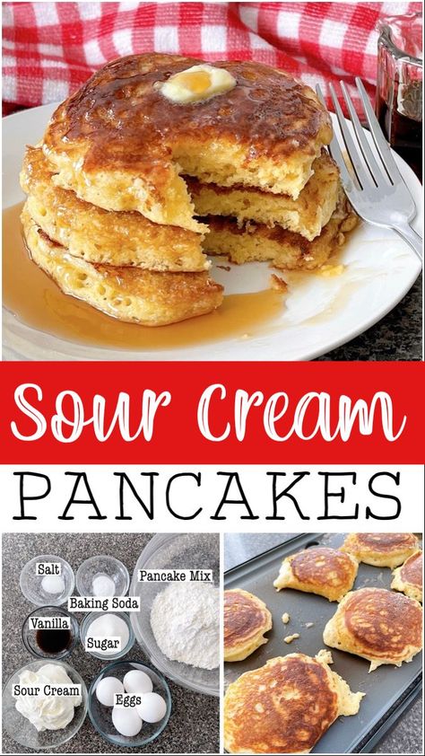 Start your morning off with a delightful, yet easy-to-make recipe for sour cream pancakes. These light, fluffy homemade pancakes are bursting with flavor from the hint of tangy sour cream and the sweetness of extra vanilla extract! Everyone in your family will love it! Fluffy Homemade Pancakes, Sour Cream Pancakes, Homemade Pancakes Fluffy, Cream Pancakes, Homemade Sour Cream, Freeze Pancakes, Pancake Toppings, Homemade Pancakes, My Favorite Food