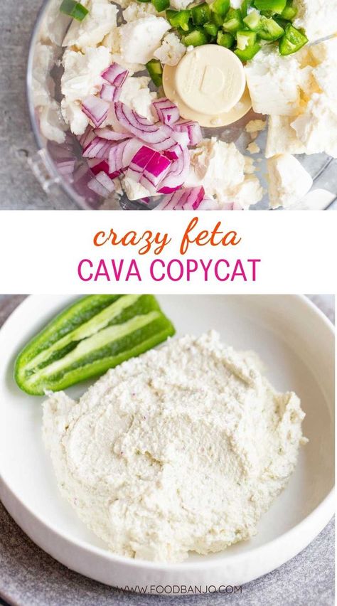 feta ingredients and whipped feta dip in a bowl Copycat Cava Garlic Dressing, Cava Salad Recipe, Creamy Feta Board, Spicy Whipped Feta, Cava Whipped Feta, Copycat Cava Yogurt Dill Dressing, Cava Salad Dressing, Cava Copycat Sauces, Cava Hummus Recipe