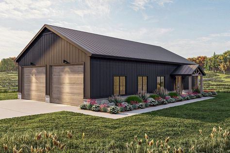 Single-Story, 2-Bedroom Barndominium-Style House with an Oversized Garage (Floor Plans) Simple Shop House Ideas, Barnodium Homes, Metal Building House, French Front Doors, Metal Building House Plans, Barn Plan, Barndominium Plans, Pole Barn House, Barn House Design