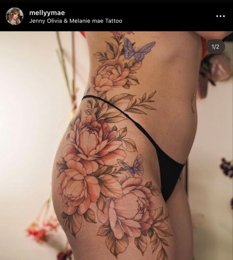 Coloured Leg Tattoos, Peony Tattoo Hip Thigh Piece, Thigh Flower Tattoo Color, Floral Hip Tattoos Women Color, Floral Side Piece Tattoo, Muted Floral Tattoo, Hip Peony Tattoo, Thigh Peony Tattoo, Peony Side Tattoo