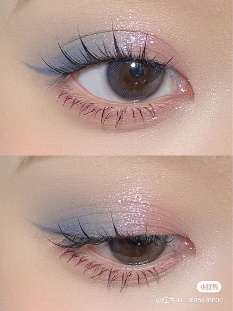 Pink And Blue Douyin Makeup, Powder Blue Eyeshadow Looks, Blue Pink Eye Makeup, Subtle Blue Makeup, Subtle Blue Eyeshadow, Subtle Blue Eye Makeup, Blue Flower Makeup, Coquette Makeup Look, Cute Aesthetic Makeup