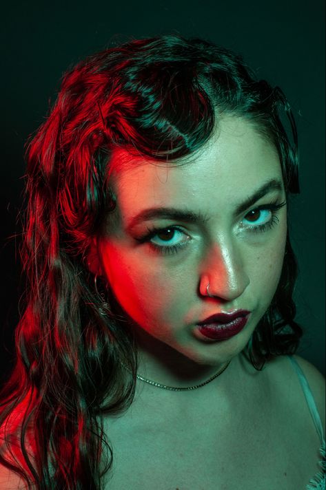 Portraits With Colored Lighting, People In Colored Lighting, Gel Light Photography, Portraiture Photography Lighting, Red Gel Lighting Photography, Green And Red Drawing, Face With Lighting, Colour Gels Photography, Coloured Portrait Photography