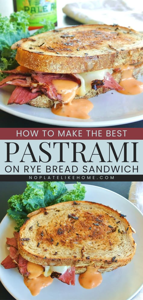 Learn how to make the BEST Pastrami! It's a quick lunch recipe or family dinner idea that's ready in under 10 minutes. Complete with sauerkraut, Swiss cheese, and Russian dressing on grilled Rye bread, this Reuben sandwich is so tasty! Pastrami Panini Recipes, What To Do With Rye Bread, Cornbeef And Rye Sandwiches, Pastrami And Sauerkraut Sandwich, Pastrami Sandwich Sauce, Pastrami Sandwich With Coleslaw, Hot Pastrami Sandwich On Rye, Pastrami Egg Sandwich, Pastrami Rueben Sandwich