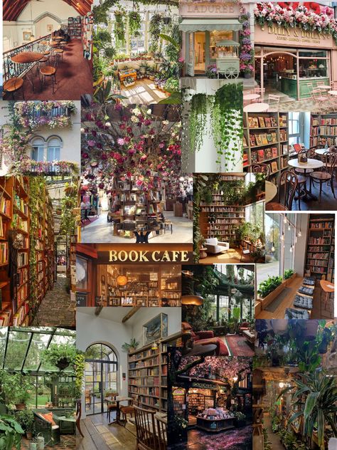 Flower Book Cafe, Cafe Bookstore Flower Shop, Bookstore Cafe Flower Shop, Book Shop Design, Book Cafe Aesthetic, Bookshop Aesthetic, Cafe Bookstore, Coffee Cafe Interior, Floral Cafe