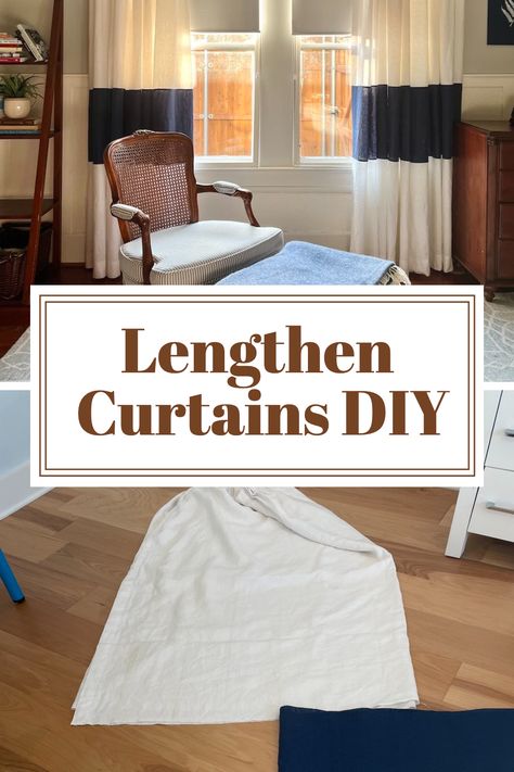 curtain design and longer with text overlay lengthen curtains diy How To Extend Curtain Length, How To Add Length To Curtains, Curtain Extension Ideas, How To Lengthen Curtains, Add Length To Curtains, Curtains Too Short, Lengthen Curtains, Long Window Curtains, Curtains To Go