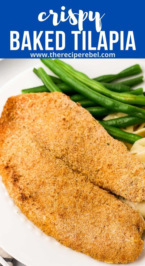 This Baked Tilapia is light, fresh, and super healthy! It's a 20-minute dinner that everyone will love. Serve next to rice or quinoa and your favorite roasted or steamed vegetable! #dinner #recipes | seafood recipe | tilapia recipe | crispy fish | breaded fish | baked fish | baked tilapia | easy dinner | healthy dinner ideas Crispy Oven Baked Tilapia, Frozen Tilapia Recipes Easy, Breaded Baked Fish, Dinner Recipes Seafood, Baked Breaded Tilapia, Noodles Crockpot, Breaded Fish Recipe, Easy Dinner Healthy, How To Cook Tilapia