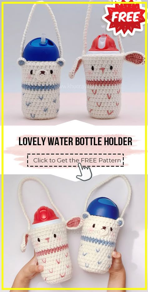 Crochet Water Bottle Holder Aesthetic, Water Bottle Bag Crochet Pattern, Crochet Bags For Kids, Crochet Pouches, Crochet Water Bottle, Baby Bottle Holders, Crochet Water Bottle Holder, Crochet Cup Cozy, Bottle Cozies