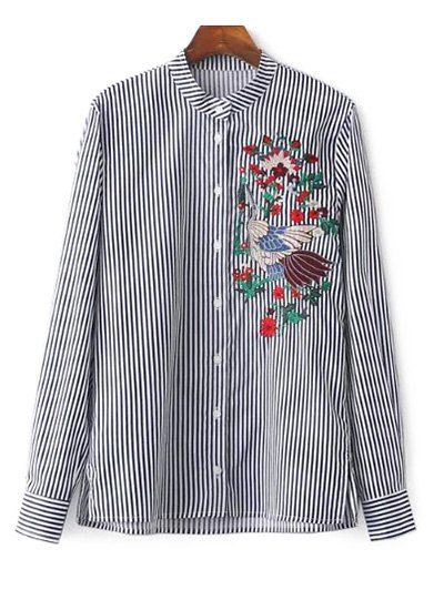 $26.99 Striped Stand Collar Peacock Embroidered Shirt - STRIPE XS Floral Embroidery Blouse, Band Collar Blouse, Shirt Jewelry, Date Outfit Casual, Men Hats, J Brand Jeans, Crop Top Shirts, Casual Hat, Band Collar