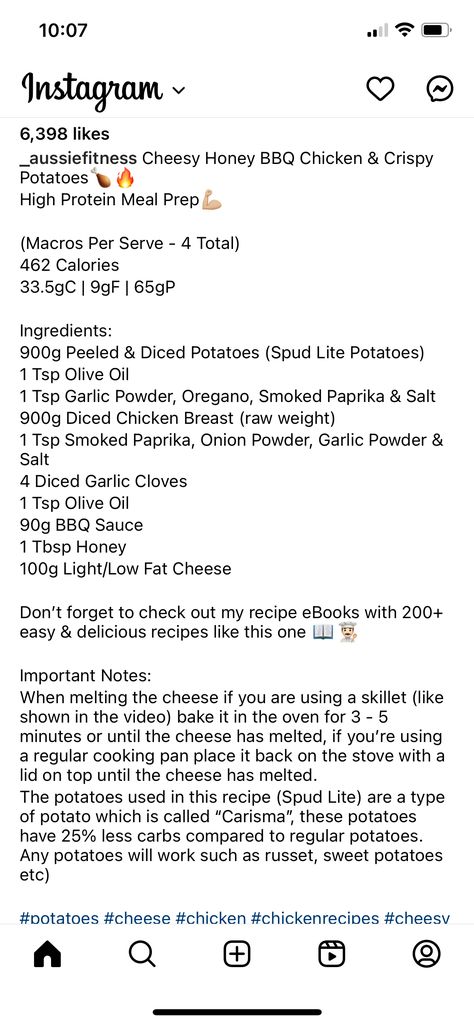 Potato Spuds, Honey Bbq Chicken, Low Fat Cheese, High Protein Meal Prep, Honey Bbq, Diced Potatoes, Diced Chicken, Crispy Potatoes, Easy Delicious Recipes