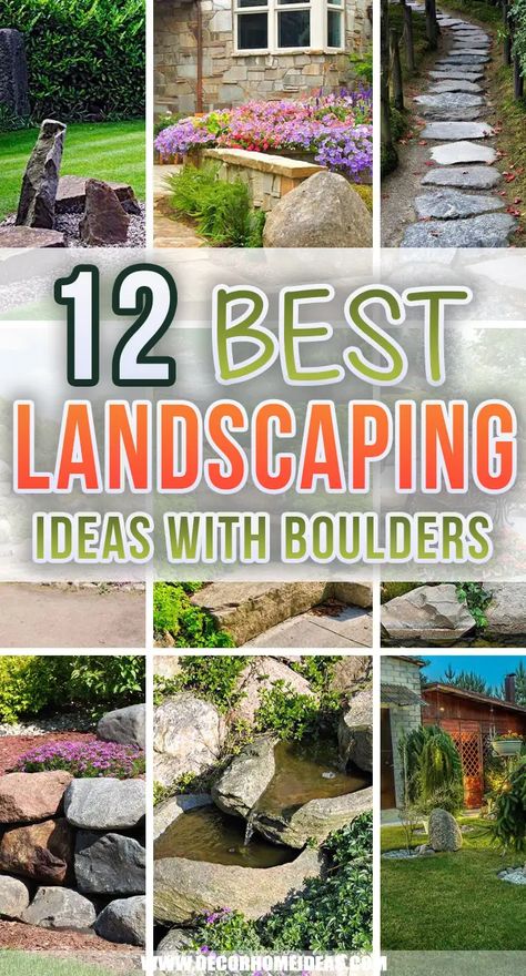 Garden With Big Rocks, Big Rocks In Landscaping Flower Beds, Landscaping Around Large Rock, Natural Rock Landscaping Ideas, How To Use Large Rocks In Landscaping, Rocky Yard Landscaping, Rock Boulders Landscaping, Landscape Features Focal Points, Boulder Flower Beds