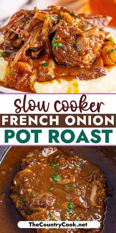 This Slow Cooker French Onion Pot Roast is easy to make and so flavorful. It just falls apart and melts in your mouth! What's not to love? Crock Pot Roast Recipes Crockpot, Pot Roast Ideas Slow Cooker, The Best Crockpot Pot Roast, The Best Crockpot Roast, Crockpot Recipes Pot Roast Slow Cooker, Red Wine Braised Pot Roast Slow Cooker, Easy Pot Roast In Crock Pot, Check Roast Crockpot, Easy Crockpot Recipes Pot Roast