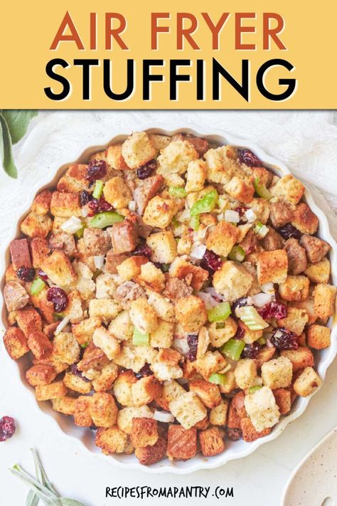 Air Fryer Stuffing is one of those delicious air fryer recipes that you will make over and over. You will love this flavorful combination of bread cubes, sausage, and classic stuffing seasonings. A great way to free up oven space is by making this Air Fryer Stuffing as part of your holiday feast, but it's also so quick and easy that you can make it for your weekday meals. Click through to get this awesome stuffing in air fryer recipe!! #stuffing #airfryer #thanksgiving #holidayrecipes #sidedish Air Fryer Stuffing, Thanksgiving Cranberries, Stuffing Sausage, Delicious Air Fryer Recipes, Classic Stuffing, Best Thanksgiving Side Dishes, Homemade Stuffing, Stuffing Ingredients, Easy Weekday Meals