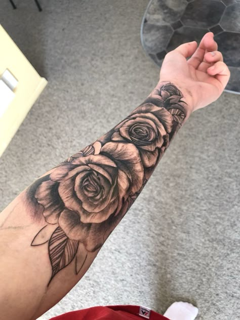 Shaded Forearm Tattoo Women, Rose Sleeve Tattoo Women Forearm, Inner Forearm Sleeve Tattoo Women, Forearm Rose Tattoo Women, Dark Sleeve Tattoos For Women, Inner Forearm Tattoo Ideas, Tattoos For Ed, Rose Sleeve Tattoo, Arm Tattoos For Guys Forearm