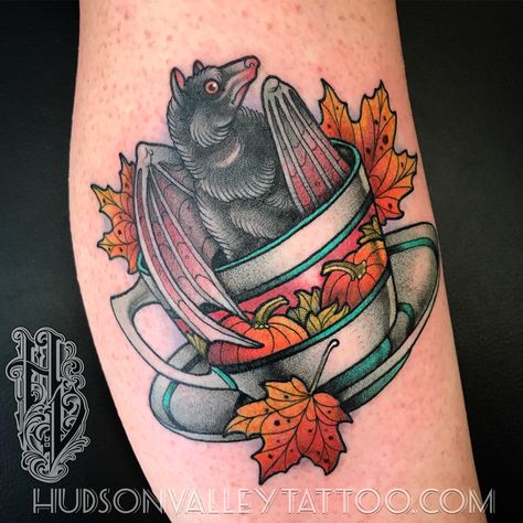 Halloween Batty Cup Of Tea Tattoo, Tea Tattoo, Pumpkin Tattoo, Autumn Tattoo, Tattoos Traditional, Flash Ideas, Classic Tattoo, Tattoo Portfolio, Traditional Tattoo Flash