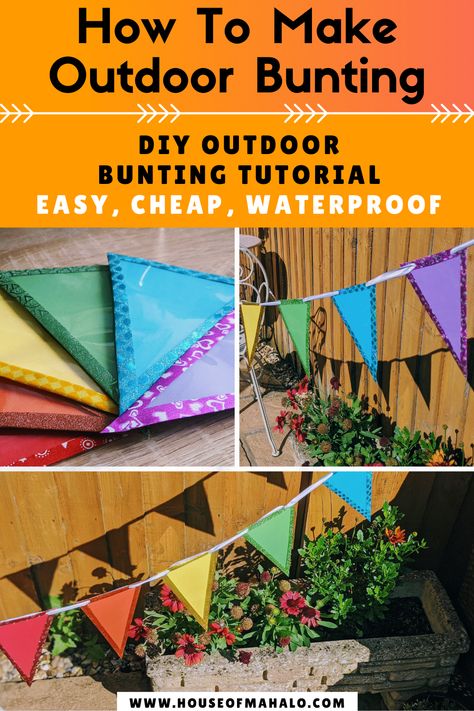 Do you want to make your own DIY outdoor bunting, which is easy and cheap to make, involves absolutely no sewing AND is waterproof? No problem! We've got you covered with this rainbow no sew outdoor bunting tutorial! #outdoorbuntingweatherproof #outdoorbuntingideas #howtomakeoutdoorbunting #homemadeoutdoorbunting Outdoor Bunting Diy, How To Make A Bunting Banner, Diy Bunting Banner Fabric, Diy Outdoor Garland, Garden Bunting Ideas, Diy Home Decor Videos, Easy Bunting, Diy Flag Banner, Yoga Mat Bag Tutorial