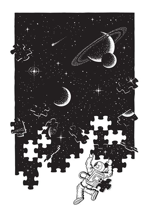 Space Stars Drawing, Puzzle Graphic Design Poster, Puzzle Poster Design, Astronomy Art Drawing, Cool Space Drawings, Space Art Drawing, Space Sketches, Universe Illustration, Galaxy Illustration