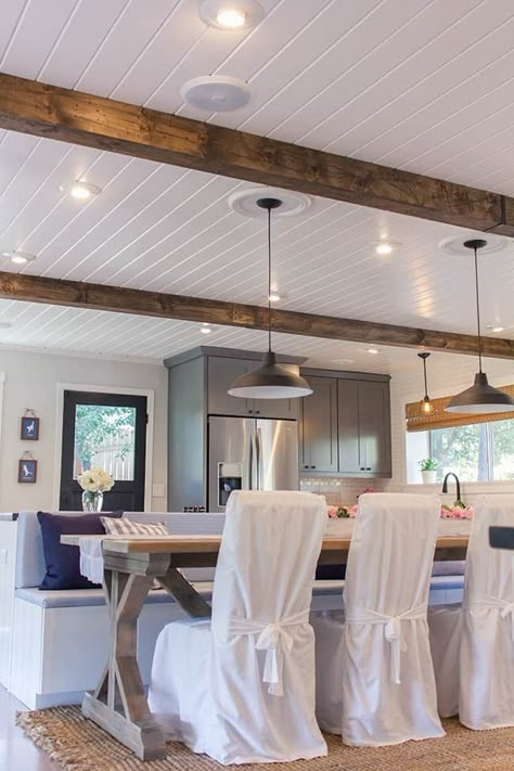 A Plank Ceiling in the Kitchen | www.chatfieldcourt.com Wood Plank Ceiling, Kitchen Basement, Shiplap Ceiling, Tongue And Groove Ceiling, Plank Ceiling, Beadboard Ceiling, Small Basement, Wood Beam Ceiling, Kitchen Ceiling