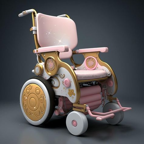 Disabled Character Design, Wheelchair Character Design, Disabled Character Art, Fantasy Wheelchair Art, Wheelchair Aesthetic, Aesthetic Wheelchair, Fantasy Wheelchair, Pink Wheelchair, Cute Wheelchair