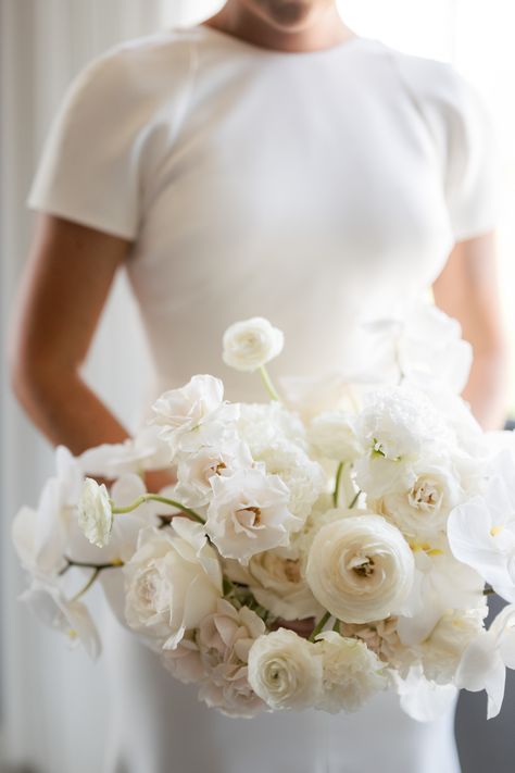 A Modern Washington, D.C., Wedding with a Black-and-White Color Palette Sophisticated Wedding Bouquet, White Romantic Bridal Bouquet, All White Wedding Flowers Bouquets, Modern Color Palette Wedding, Modern Minimalist Bridal Bouquet, White Peony Wedding Flowers, Loose White Bouquet, All White Wedding Color Palette, White Flowers For Wedding Bouquet