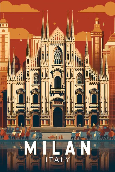 Milan Italy Duomo di Milano Travel Art Vintage Poster Milano Travel, Italy Duomo, Milano Duomo, Art Deco Travel Posters, Italy Poster, Travel Poster Design, Vintage Poster Design, Graphic Poster Art, Milano Italy