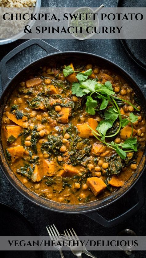 Spinach And Potato Recipes, Easy Vegetable Curry, Chickpea Sweet Potato, Chickpea And Spinach Curry, Potato Spinach, Sweet Potato Curry, Sweet Potato Spinach, Spinach Curry, Vegan Chickpea