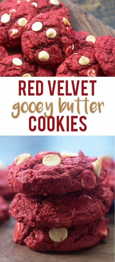 Red Velvet Gooey Butter Cookies Easy Red Velvet Cookies, Red Velvet Cake Cookies, Red Velvet Cake Mix Cookies, Easy Red Velvet, Chocolate Chip Shortbread Cookies, Gooey Butter Cookies, Chocolate Chips Cookies, Velvet Cookies, Red Velvet Cake Mix