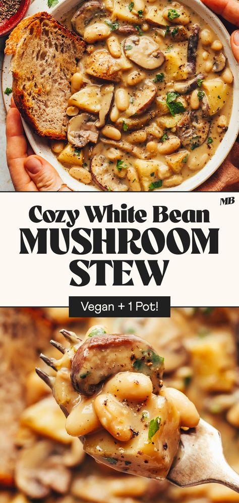 Creamy white bean and mushroom stew with potatoes and herbs. An easy, 1-pot entrée perfect for chilly days. Vegan, gluten-free, and SO delicious! #minimalistbaker #vegan #glutenfree #mushrooms #beans #stew Beans Stew, Stew With Potatoes, Creamy White Beans, Stew Vegan, White Bean Stew, Turkey And Stuffing, Classic Turkey, Mushroom Stew, Hearty Stew