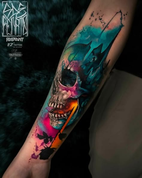 Tatuaje Trash Polka, Vintage Tattoos, Skull Sleeve Tattoos, Skull Sleeve, Biomechanical Tattoo, Tatuaje A Color, Watercolor Tattoos, Colorful Skulls, Trash Polka