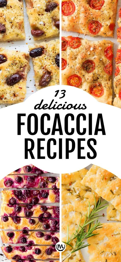 Top view of four focaccia toppings. Focaccia Bread Recipes, Easy Focaccia Recipe, Focaccia Recipes, Easy Focaccia Bread Recipe, Foccacia Recipe, Homemade Focaccia Bread, Foccacia Bread, Bread Toppings, Focaccia Bread Recipe