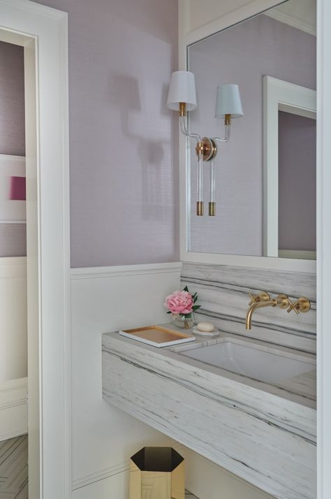 Accent Bathroom, Center Hall Colonial, Powder Room Sink, Floating Sink, Harrison Design, Vanity Design, Brass Faucet, Amber Interiors, Beautiful Lighting