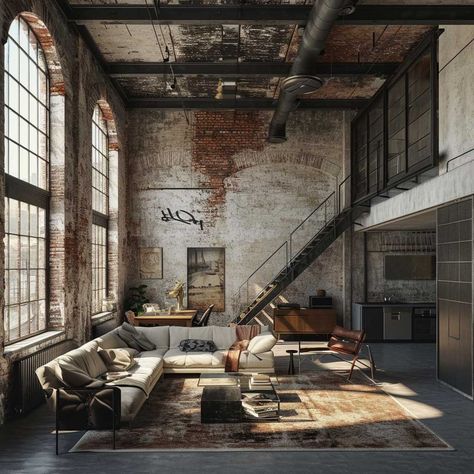 Transform Your Space with Industrial Living Room Design Ideas • 333+ Art Images Modern Industrial Living Room, Industrial Style Living Room, Brick Interior Wall, Industrial Living Room, Living Room Setup, Industrial Livingroom, Loft Decor, Industrial Interior Design, Industrial Living