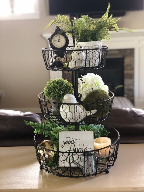 Three-tier Basket w/decorations Three Tiered Basket, Wire Basket Decor Ideas, Wire Basket Decor, Tiered Basket Stand, Tiered Basket, Dollar Tree Easter Basket, Basket Decor Ideas, Three Tier Tray, Dollar Diy