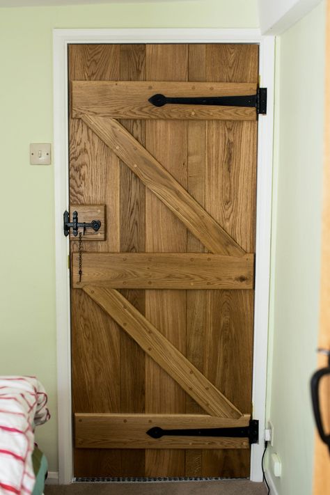 Oak Ledged & Braced doors made by Waterhall Joinery Ltd. Each door made of 5 individual Oak panels to give rustic style, complimented with black furniture. Oak Ledge And Brace Doors, Cottage Door Ideas, Ledge And Brace Door, Interior Cottage Doors, Cottage Doors Interior, Rustic Interior Doors, Cottage Doors, Rustic Doors Interior, Country Doors