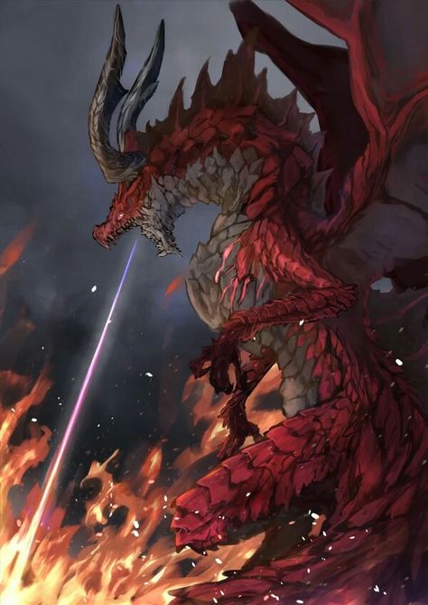 Giant Dragon Fantasy Art, Red Dragon Concept Art, Dragon God Fantasy Art, Dragon Monster Art, Epic Dragon Art, Safi Jiiva Fanart, Monster Hunter Wilds, Fire Dragon Drawing, Bipedal Dragon