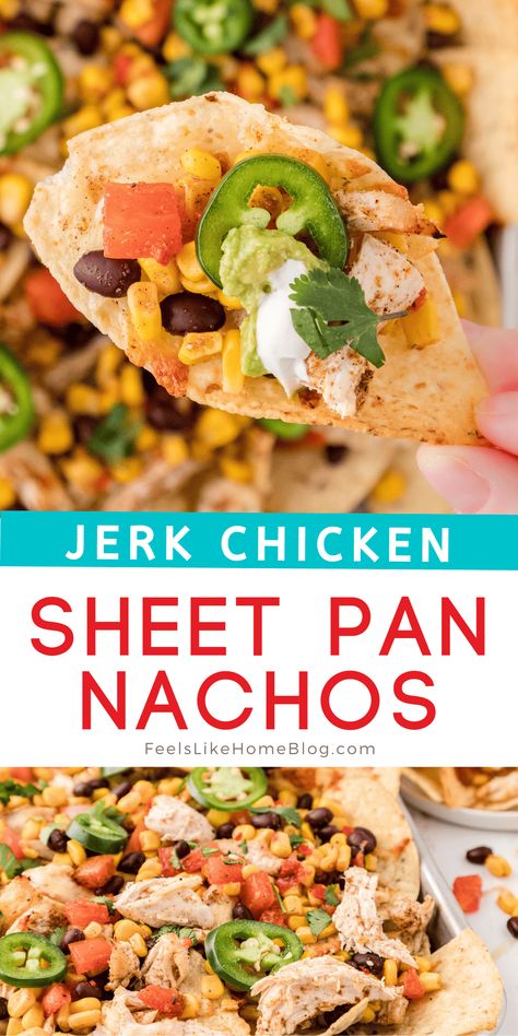 Sheet Pan Jerk Chicken Nachos baked on a sheet pan and loaded with shredded chicken, cheese, black beans, corn, and all your favorite toppings. This family favorite is an easy dinner recipe and a must for game day or any party. Jerk Chicken Nachos Recipe, Jerk Chicken Nachos, Chicken Sheet Pan Nachos, Sheet Pan Nachos, Pan Nachos, Steak Marinades, Baked Nachos, Chicken Nachos Recipe, Chicken Sheet Pan