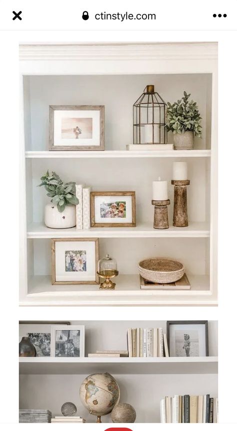 Built In Cabinet Decorating Ideas, Bookshelf Styling With Family Pictures, Small Book Case Decorating, Fireplace Side Shelves Decor, Fireplace Decor With Shelves, Living Room Open Shelving Decor, Simple Built In Decor, How To Style A Shelf Bedroom, White Bookcase Decor Living Room