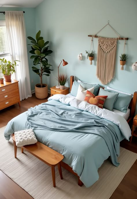 Light Blue Boho Bedroom Boho Bedroom On A Budget, Light Blue Boho Bedroom, Blue Boho Bedroom Ideas, Teal Room Decor, Blue Boho Bedroom, Blue Yellow Bedrooms, Blue Green Bedrooms, Light Blue Bedding, Light Blue Curtains