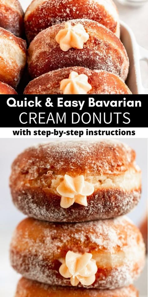 Donuts With Cream Filling, Banana Cream Donut, Cream And Jam Donut, Cream Filling For Donuts Recipe, Desserts With Bavarian Cream, Homemade Cream Filled Donuts Recipe, Air Fryer Filled Donut Recipes, Cream Cheese Donut Filling, Custard Donut Filling