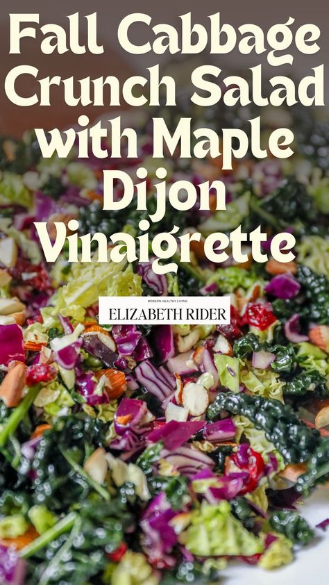 Fall Cabbage Crunch Salad with Maple Dijon Vinaigrette | Easy fall salad recipe Cabbage Kale Salad Recipes, Winter Crunch Salad, Kale And Red Cabbage Salad, Cabbage Salad Vinegarette, Cabbage Crunch Salad Recipes, Savory Cabbage Salad Recipes, Cabbage Thanksgiving Recipes, Salad With Cabbage And Lettuce, Cruciferous Salad Recipes