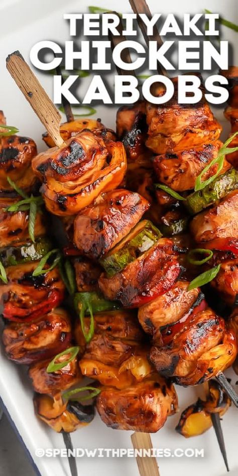 These teriyaki chicken kabobs are an easy way to impress your guests. The marinade makes the meat taste so delicious & tender and the veggies make this dish so colorful. #spendwithpennies #teriyakichickenkabobs #maindish #recipes #ovenbaked #kikkoman #skewers #withpineapple #vegetable #marinade #onthegrill Shiskabob Recipes Marinade, Shishkabob Chicken Marinade, Sheet Pan Chicken Kabobs In The Oven, Teriyaki Chicken Kabobs On The Grill, Chicken Kebab Marinade, Chicken Kebabs On The Grill, Chicken Shish Kabobs Marinade, Chicken Kabobs On The Grill, Chicken Skewers Marinade