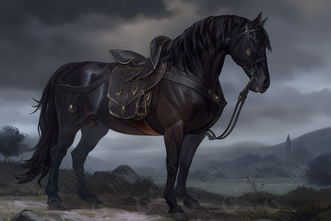 Dnd Horse Art, Black Horse Fantasy Art, Dnd Horse, Dnd Animals, Dnd Journal, Curse Of Strahd, Fantasy Horses, Black Stallion, Magical Items