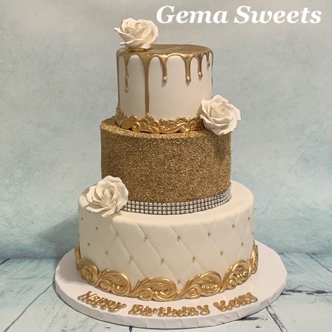 Gold And White Sweet 16 Cake, 3 Tier Birthday Cake For Women, Golden Birthday Cake For Women, 50 Birthday Cake For Women Elegant, Golden Cake Design, Gold Sweet 16 Cake, 16th Birthday Cake For Girls, White And Gold Cake, 50th Birthday Cake For Women