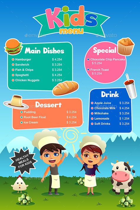 Kids Menu Ideas Restaurants, Kids Party Menu Ideas, Kids Menu Design, Kids Party Menu, Menu Design Ideas, Kids Restaurants, Menu Illustration, Menue Design, Birthday Menu